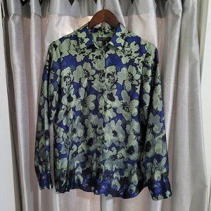 Banana Republic NWT - Floral Satin Button Down Shirt/Blouse Blue Green - Size S